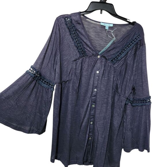 She Sky top Size Large Dark Blue Sheer Lightweight Relax Fit Front Buttons - Picture 1 of 10